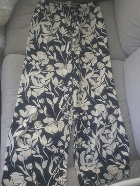 Blue Floral Wide-Leg Pants with Cream Rose Print